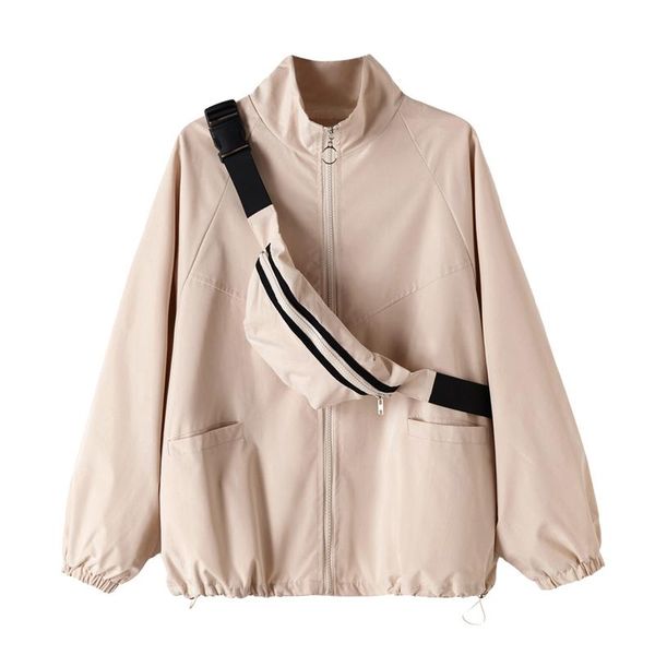 

lauri laki punk zipper jacket women with bag chic streetwear long sleeve outwear autumn spring 2021 loose casual jacket coat, Black;brown