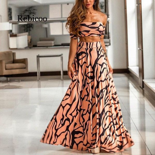 

striped print 2 piece set leopard women straps beach party skirt bohemian suits crop and long skirt suits1, Gray