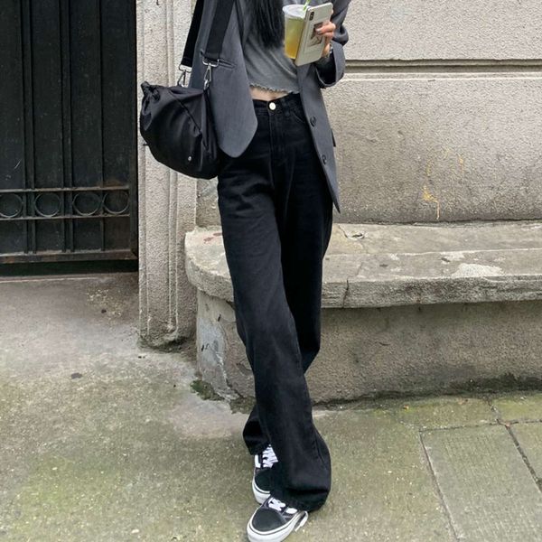 

plush high waisted black grey floor down straight jeans for women, Blue