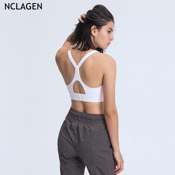 

nclagen sports bra high impact support female push up sports crop three row buckle cross back running gym workout underwear, White;black