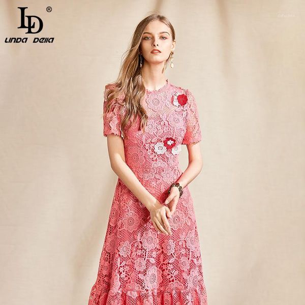 

ld linda della fashion designer dress women lace hollow out short sleeve 3d appliques vintage style summer female midi dresses1, Black;gray