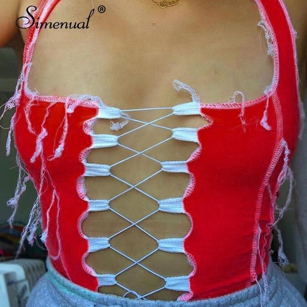 

patchwork lace up ribbed women crop fashion 2020 summer sleeveless tank hollow out club bodycon tanks, White