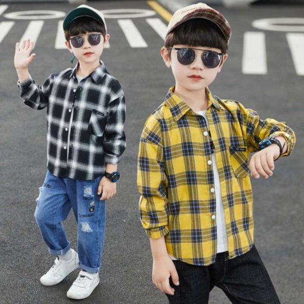 

autumn boys' long children's sve 2020 plaid new shirt, White;black