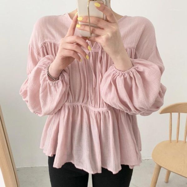 

coigarsam cute loose blouse women casual lantern sleeve o-neck belt blusas womens and blouses white pink 21041