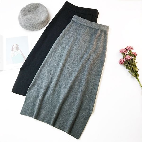 

autumn winter women midi long sweater elastic high waist tie bow knitted skirts female all match split a-line skirt ab1271 y200326, Black