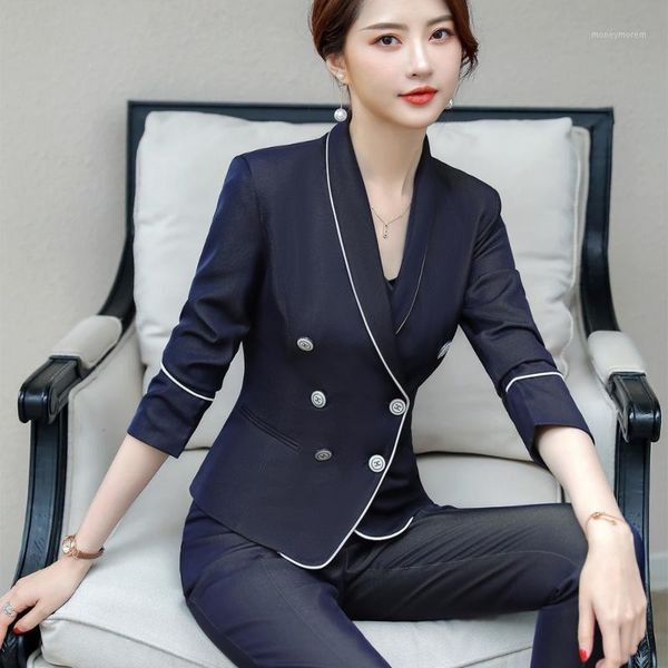 

women's two piece pants women shawl collar blazer with trousers 2 set for airplane work suits 2021 female double breasted black pant su, White