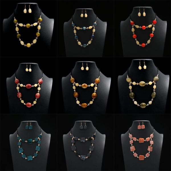 

bohemian colorful necklace earrings set multilayer geometry beads 3d pendant statment jewelry set for woman gift, Silver