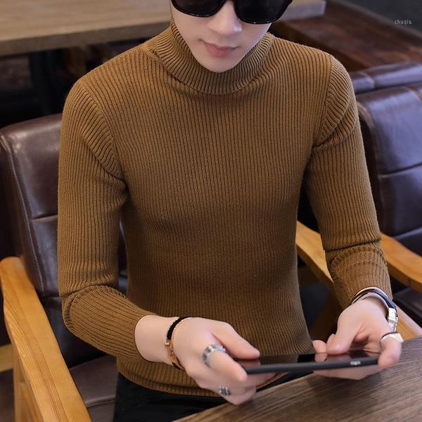 

2020 men's turtleneck sweater youth plain slim-fit long-sleeve knitwear1, White;black
