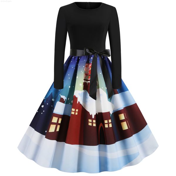 

2020 new print stitching long sleeve swing dress ribbon 8382, White