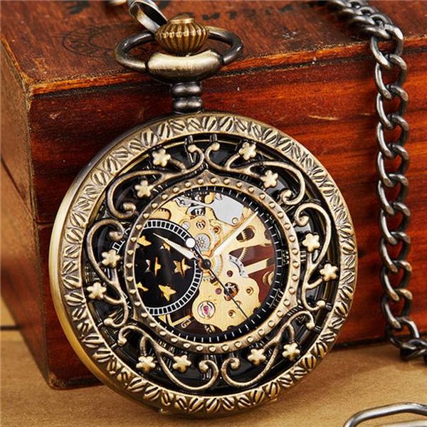 

retro hollow mechanical pocket watch with fob chain gold stars skeleton steampunk vintage mens womens hand winding pocket watch q wmtkib, Slivery;golden