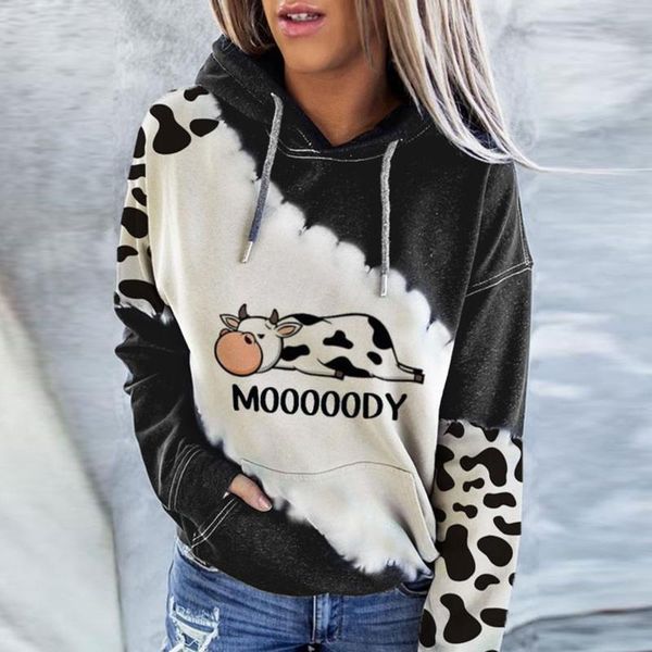 

women hoodie cute cow print sweatshirt long sleeve pullover round neck casual shirts hooded sweatshirt harajuku hoodies women, Black