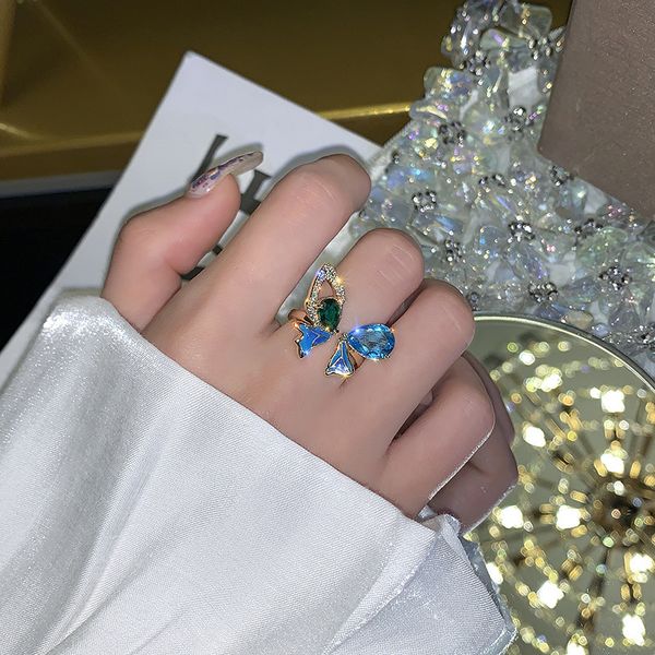 

a680 blue crystal butterfly opening index finger ring, Silver