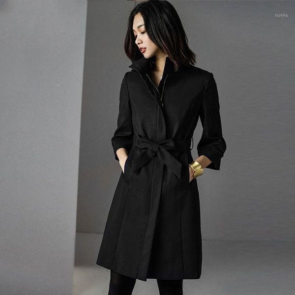 

2020 new autumn trench coats spring black women's coat korean windbreaker female slim with belt plus size ladies long overcoat1, Tan;black