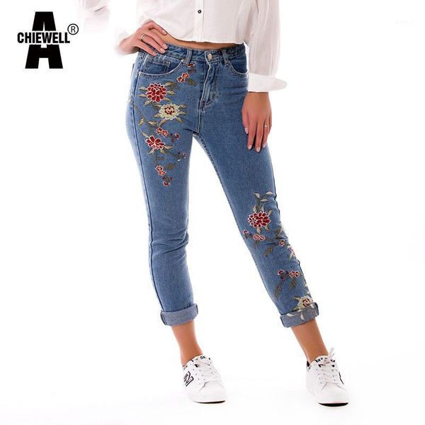 

acheiwell spring casual women pencil jeans high waist floral embroidery fashion ankle length women denim jeans1, Blue