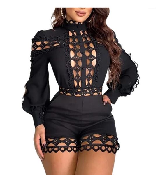 

lattice design hollow out playsuits rompers elegant high end playsuit1, Black;white