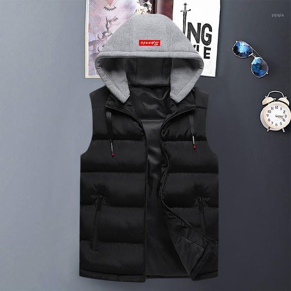 

2020 down cotton vest men's hooded vest shoulder coat autumn and winter warm big size trend clothes.1, Black;white
