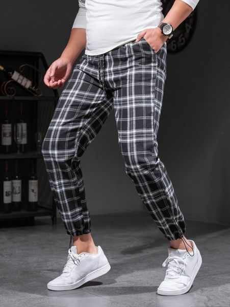 

men plaid drawstring waist pants b8jw#, Black