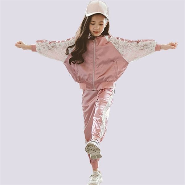

girl clothes patchwork jacket & pants girls clothes lace clothes for girls 6 8 10 12 14 year autumn sport tracksuit for girls y200325, White