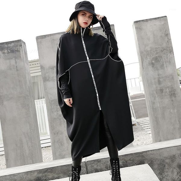 

europe and the united states large size women's jacket 2019 spring new white zipper cloak windbreaker loose thin bat tide1, Tan;black