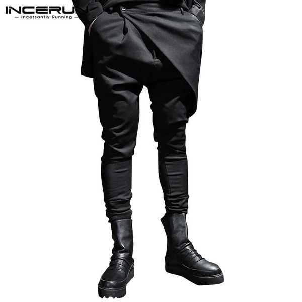 

men's pants incerun fashion punk style men joggers button plain 2021 pockets korean irregular trousers streetwear harem 5xl, Black