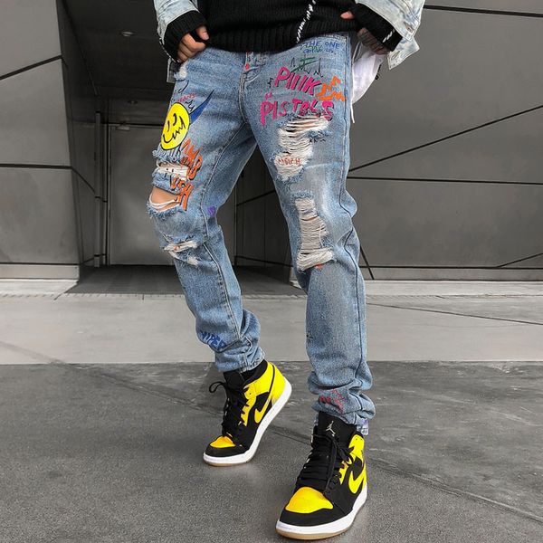 

мужчины разорванные отверстия джинсовые брюки хип-хоп стритюва печать джинсовые брюки джинсы брюки бегуны брюки хлопка мода, Blue