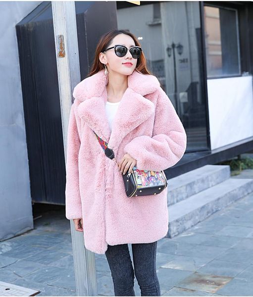 

women's fur & faux winter ladies artificial coat luxury fashion loose lapel thick warm plover for wo, Black