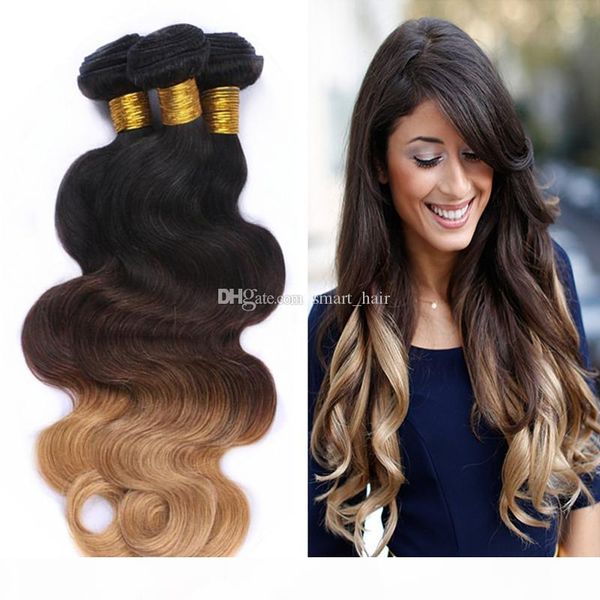 

brazilian 9a #1b 4 27 honey blonde ombre hair 3 bundles dark roots three tone body wave ombre hair weaves 10-30 inches, Black