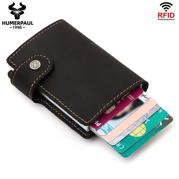 

humerpaul crazy horse leather card holder wallet rfid blocking men automatic pop up id card case mini quality male coin purse, Brown;gray