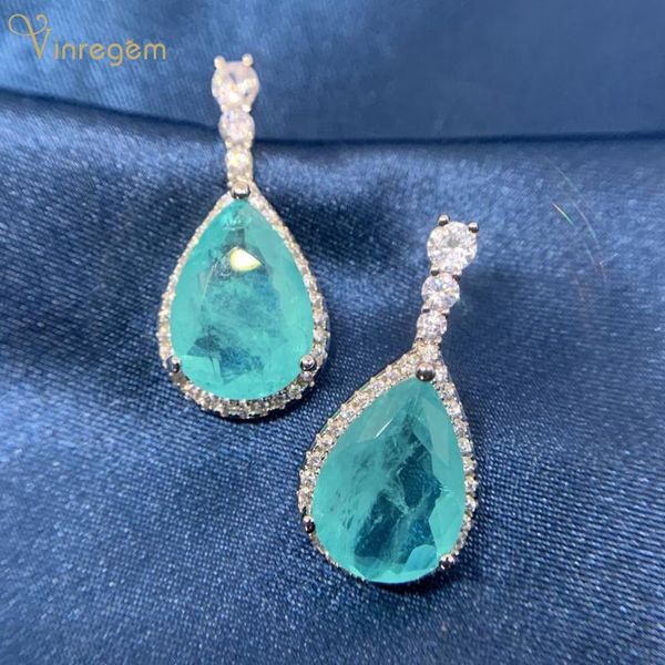 

stud vinregem classic100% 925 sterling silver water drop paraiba tourmaline gemstone wedding engagement studs earrings fine jewelry, Golden;silver