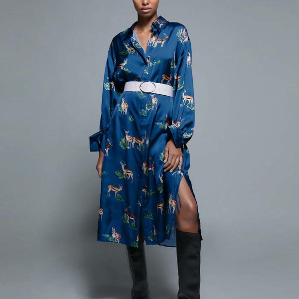 

2021 new women vintage animal printed with belt long sleeveturn down collar high waist basic slim pullover party female midi nsjj, Black;gray