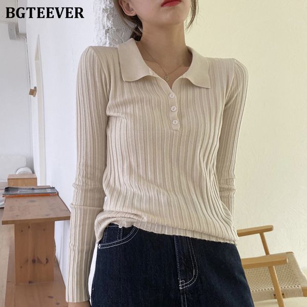 

bgteever autumn new stylish women solid knitted jumper ladies lapel single-breasted slim sweater 2020 female basic knitwear c1120, White;black