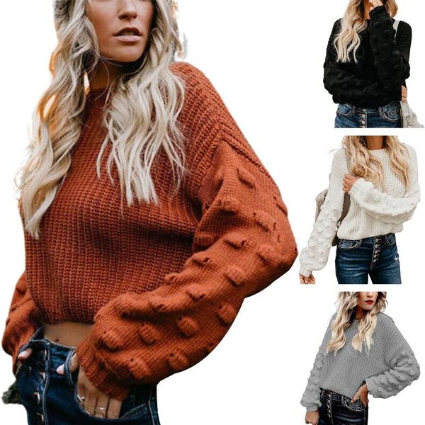 

autumn winter women sweaters and pullovers solid color long puff sleeve knitted sweater autumn winter short pullovers, White;black