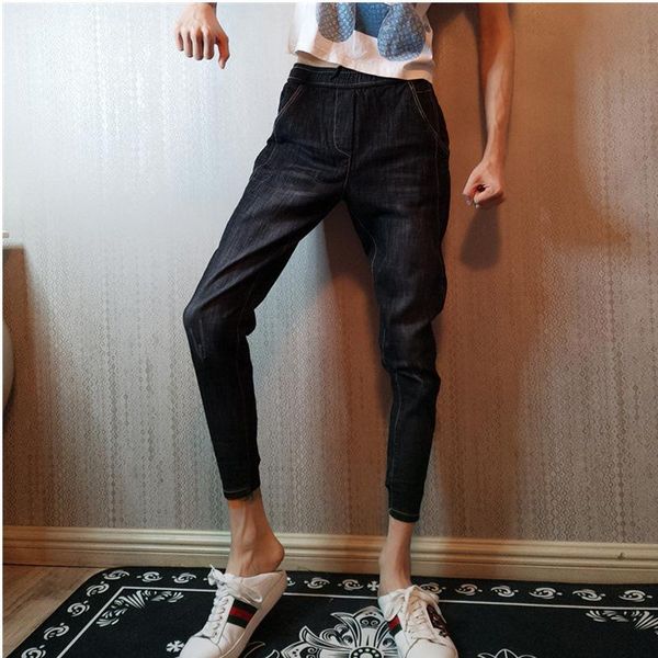 

men's jeans fashion 2021 teenagers elastic waist social spirit guy slim-fitting trousers male pants small feet ankle length leg, Blue