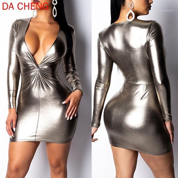 

new ins popular women's deep v-neck dress silver bronze long sleeve mini dress vestidos fashion shein, Black;gray
