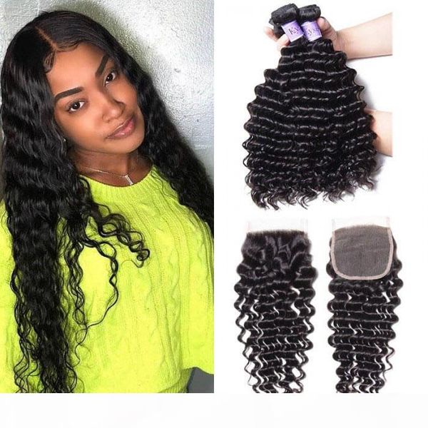 

tkwig hair series indian human hair 4 bundles deep wave with closure human hair for african american women, Black;brown