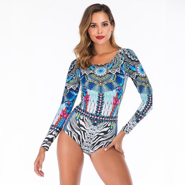 

bikinis set women print rash guards one piece swimsuit body suits beachwear surfing diving swimwear summer long sleeve bathing suit1