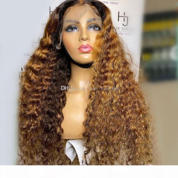 

#1bt27 peruvian lace front human hair wigs with baby hair 150% density remy water wave lace honey blonde wig pre plucked bleached knots, Black;brown