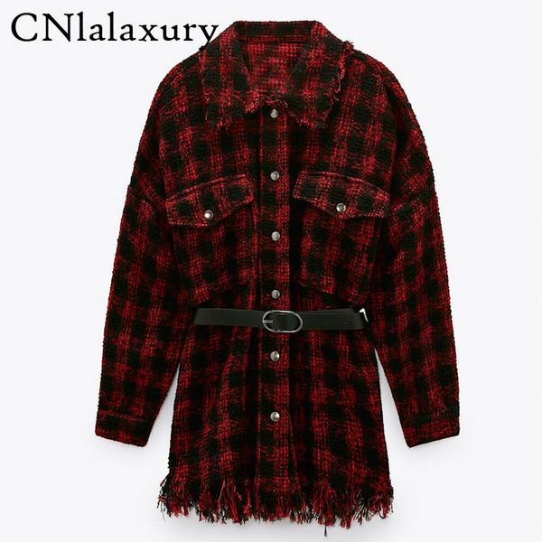 

new autumn turn down collar tweed jackets women with belt shirt jacket women elegant red plaid coat female ladies outerwear, Black;brown