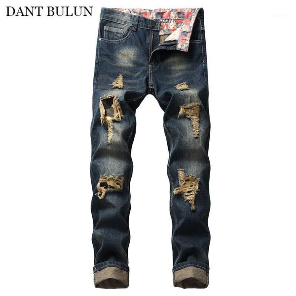 

mens jeans ripped distressed with knee camouflage patchwork pants straight slim jeans vintage blue denim trousers streetwear1
