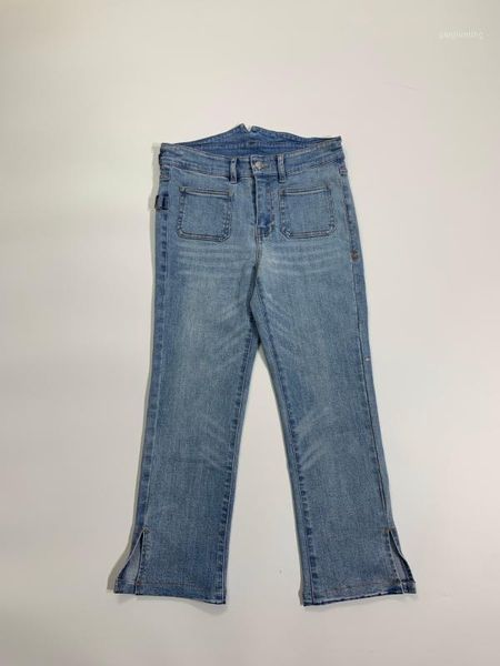 

women pants light blue small pocket slim fit ankle slit jeans1