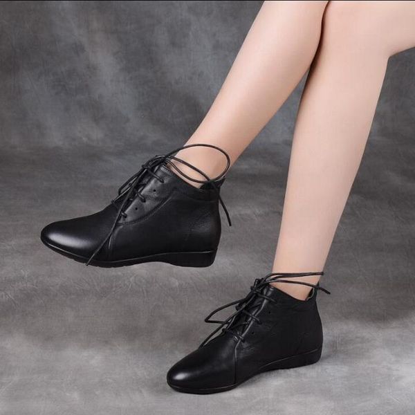 

rushiman oxford flats genuine leather ankle boots autumn fashion female lace up single boots comfortable spring ladies shoes, Black
