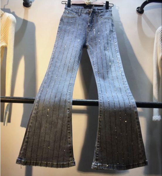 

2020 spring autumn fashion new heavy vertical drill high waist micro- denim pants women jeans pants long trousers, Blue