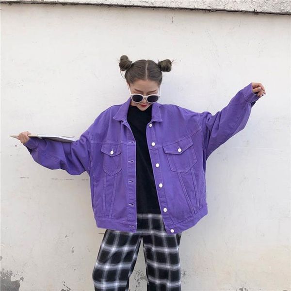 

streetwear oversize denim jacket for women casual candy color purple bomber jeans coat bf style loose outwear a9025, Black;brown