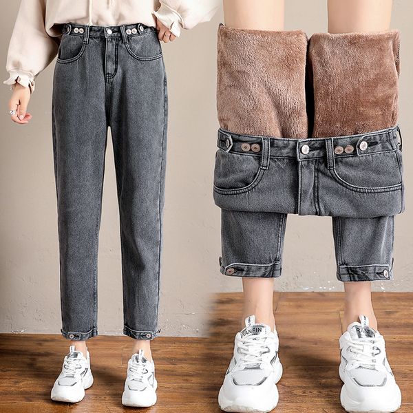 

2021 new winter denim new velvet warm trousers plus size vintage student jeans pants women clothing fd5w, Black;white