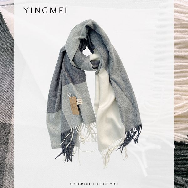 

yingmei wool blended plaid scarf with warm tassel in autumn and winter, Blue;gray
