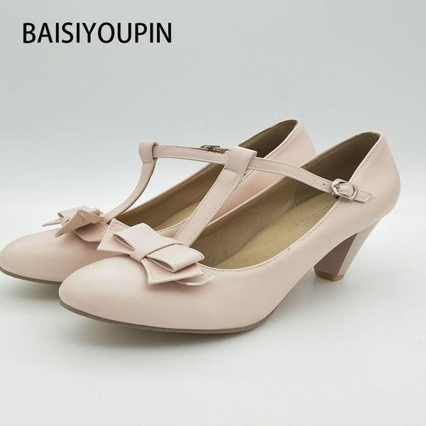 

dress shoes 2021 women fashion sweet small yards 31 32 bow girl pumps t-buckle thick high heels plus size 40-43, Black