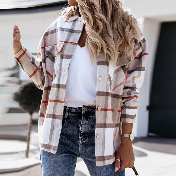 

elegant turn-down collar women jackets 2021 spring vintage plaid casual long sleeve coat lady fashion loose streetwear outerwear, Black;brown