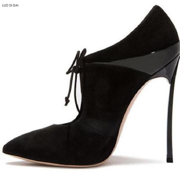 

2021 fashion women patchwork leather boots pointed toe boots women party lace up celebrity shoes high heel booties, Black