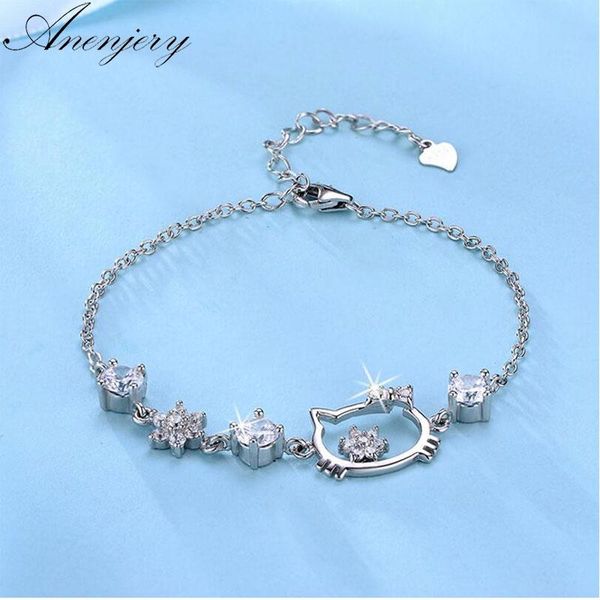 

anenjery silver color bracelet cute cat cz flower charm bracelets bangles for women pulseira s-b124, Black