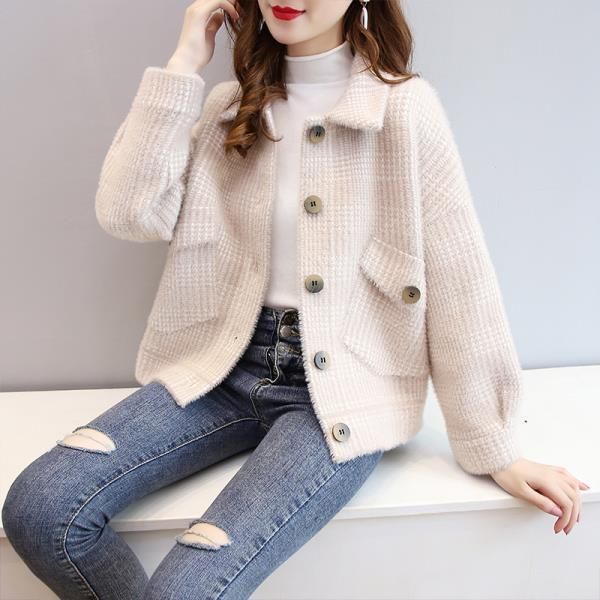 

women's knits & tees women 2021 winter imitation velvet jacket female elegant short plaid coats ladies fashion loose warm outwears w505, White
